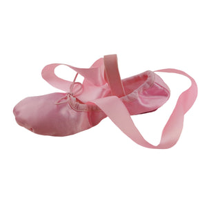 Ballet Shoes with Ribbons Pink Silky Satin with Leather Split Sole